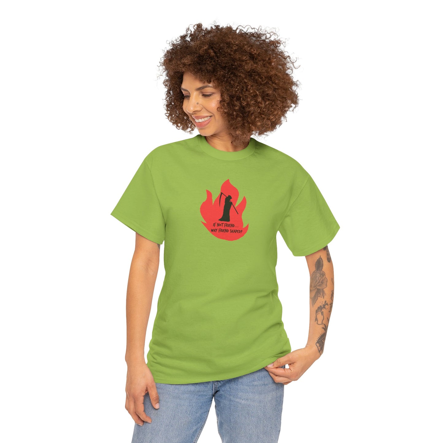 Grim Reaper humour Flame tee | Small Chest Graphic, Red Flame If not friend, why friend shaped? Design