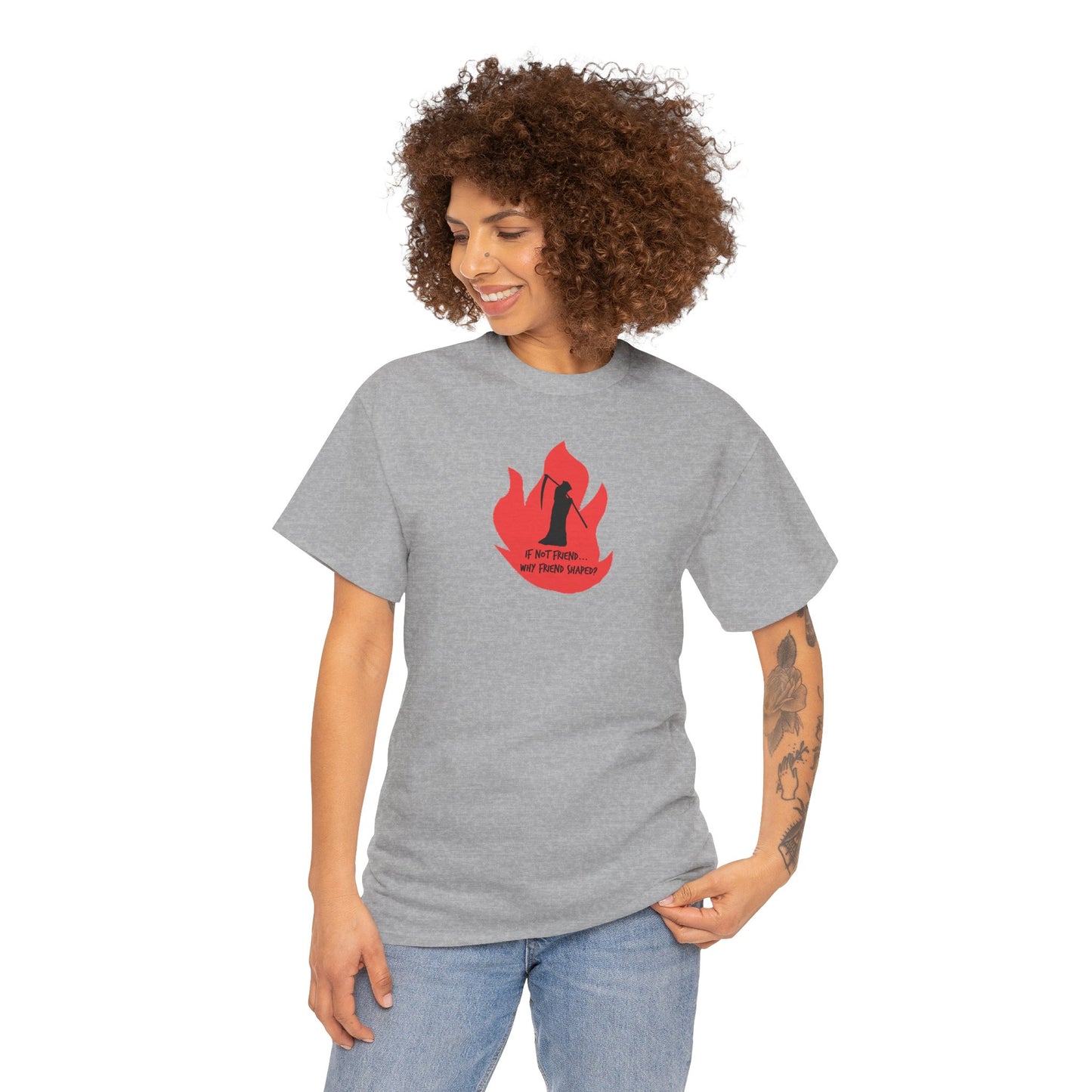 Grim Reaper humour Flame tee | Small Chest Graphic, Red Flame If not friend, why friend shaped? Design