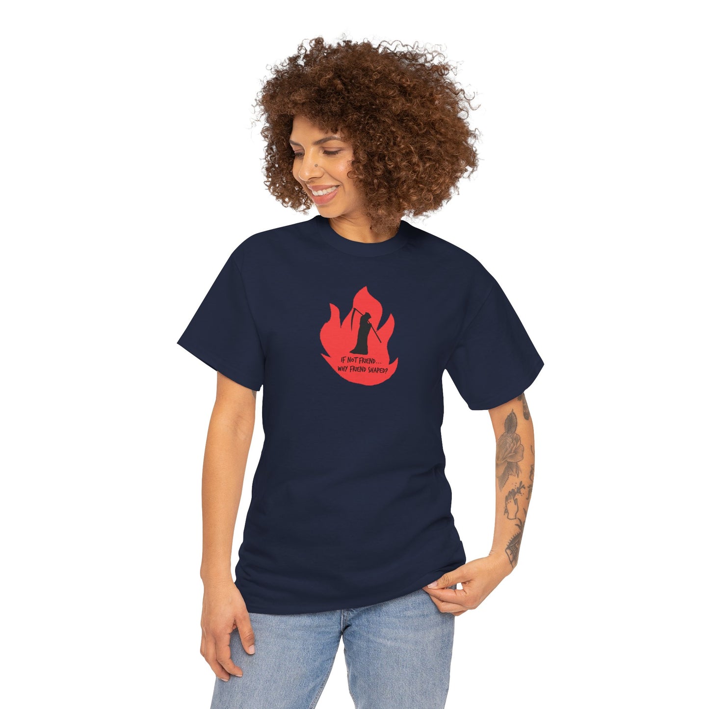 Grim Reaper humour Flame tee | Small Chest Graphic, Red Flame If not friend, why friend shaped? Design