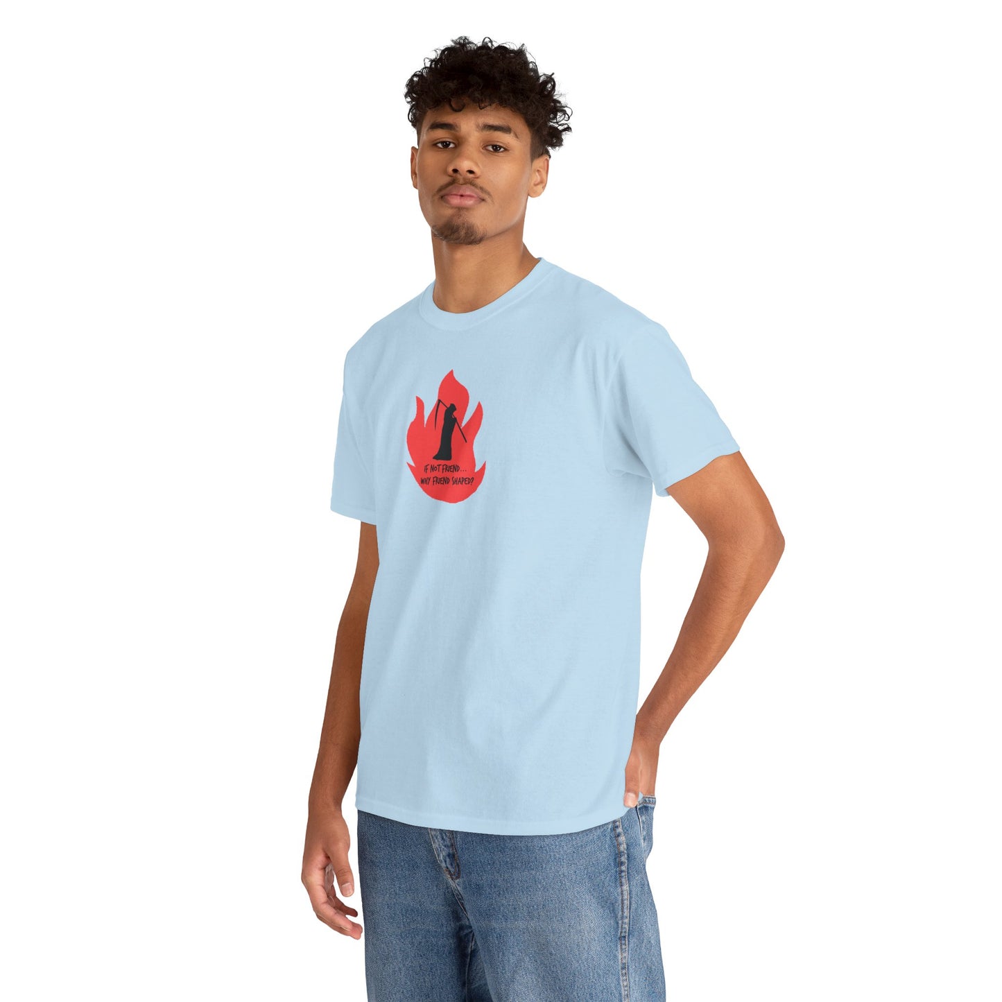 Grim Reaper humour Flame tee | Small Chest Graphic, Red Flame If not friend, why friend shaped? Design