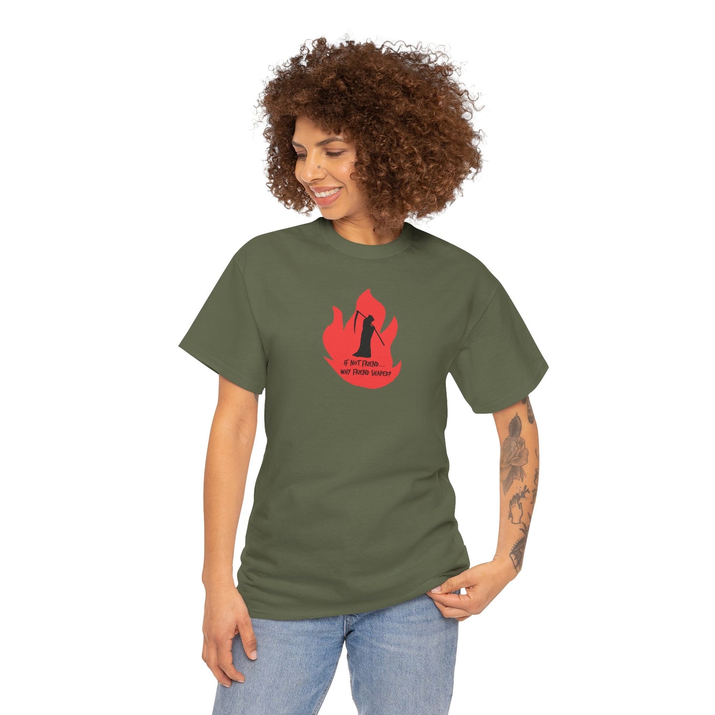 Grim Reaper humour Flame tee | Small Chest Graphic, Red Flame If not friend, why friend shaped? Design