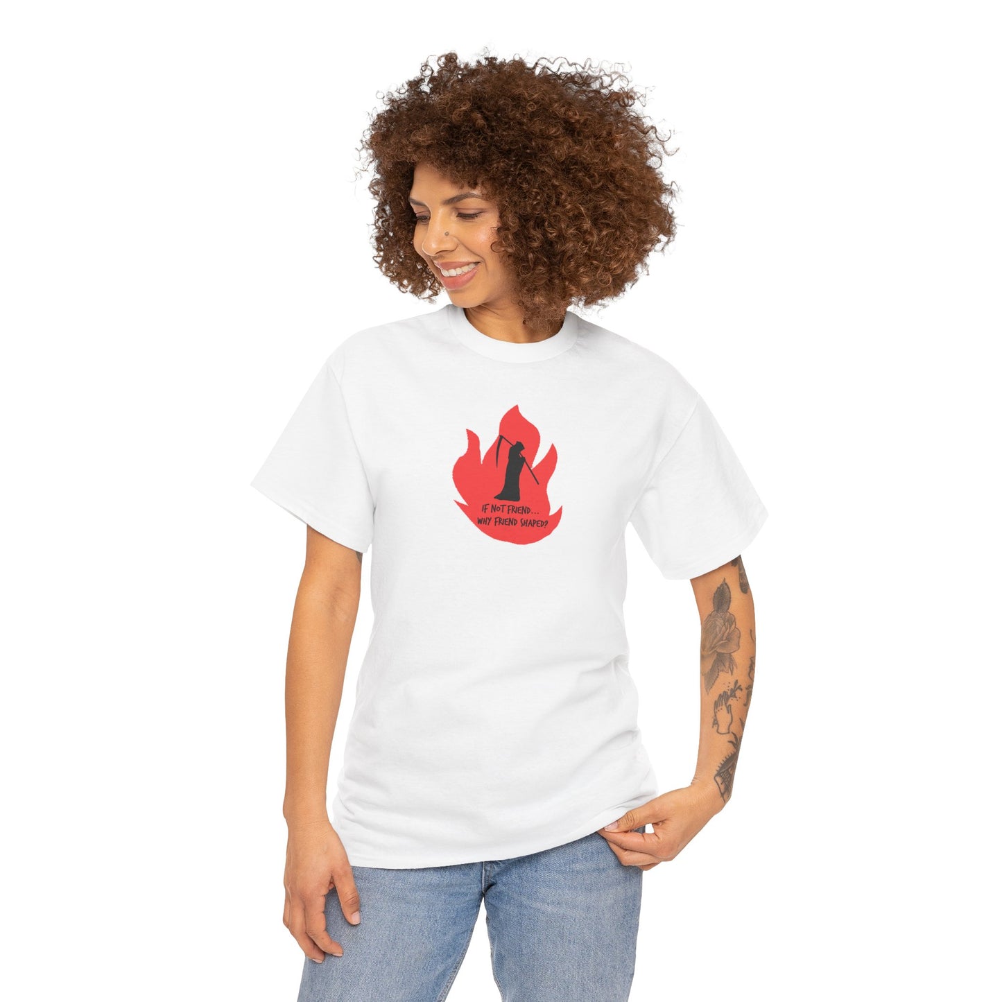 Grim Reaper humour Flame tee | Small Chest Graphic, Red Flame If not friend, why friend shaped? Design