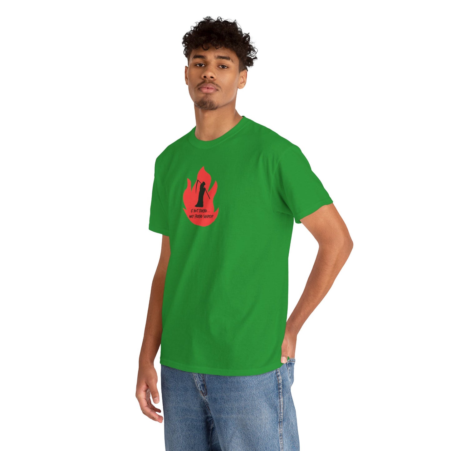 Grim Reaper humour Flame tee | Small Chest Graphic, Red Flame If not friend, why friend shaped? Design