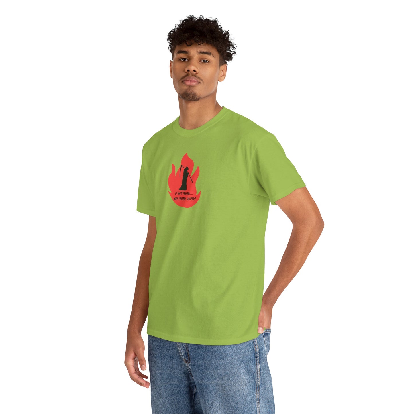 Grim Reaper humour Flame tee | Small Chest Graphic, Red Flame If not friend, why friend shaped? Design
