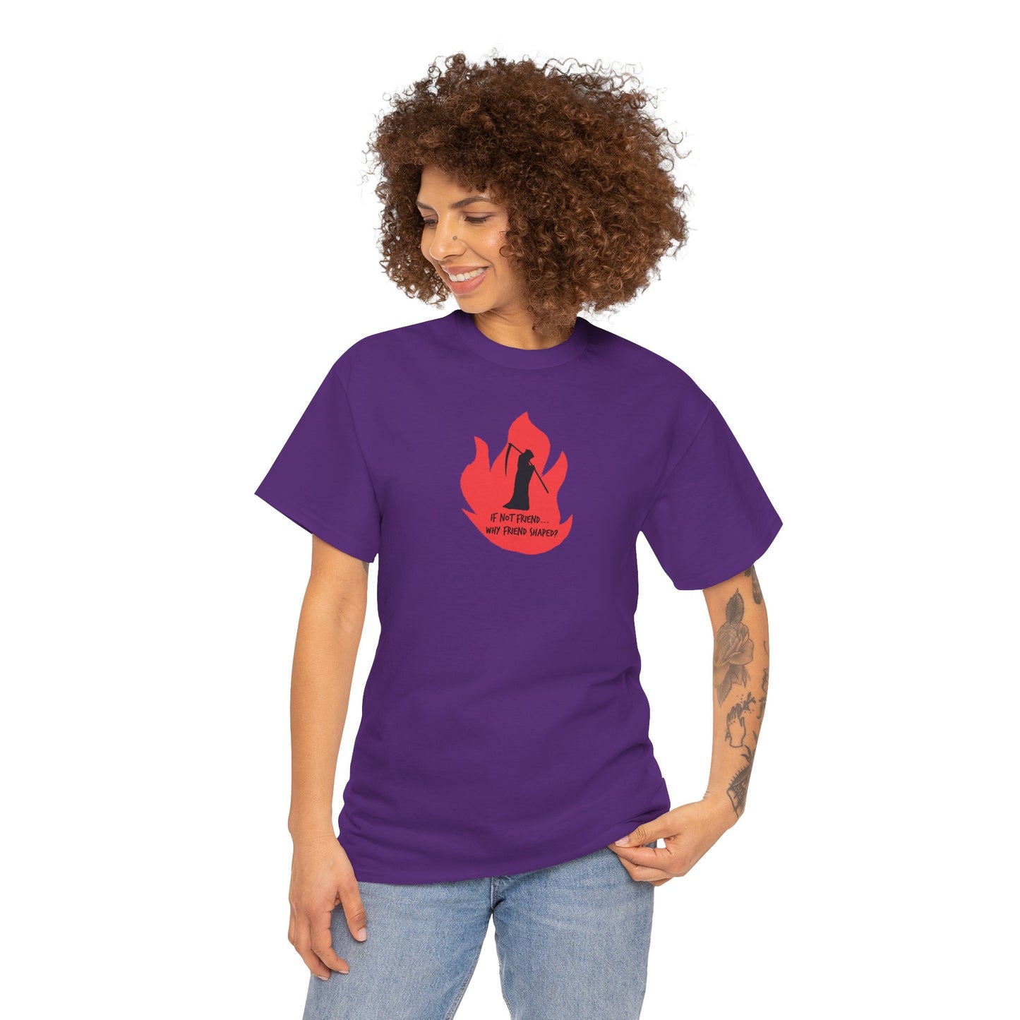 Grim Reaper humour Flame tee | Small Chest Graphic, Red Flame If not friend, why friend shaped? Design