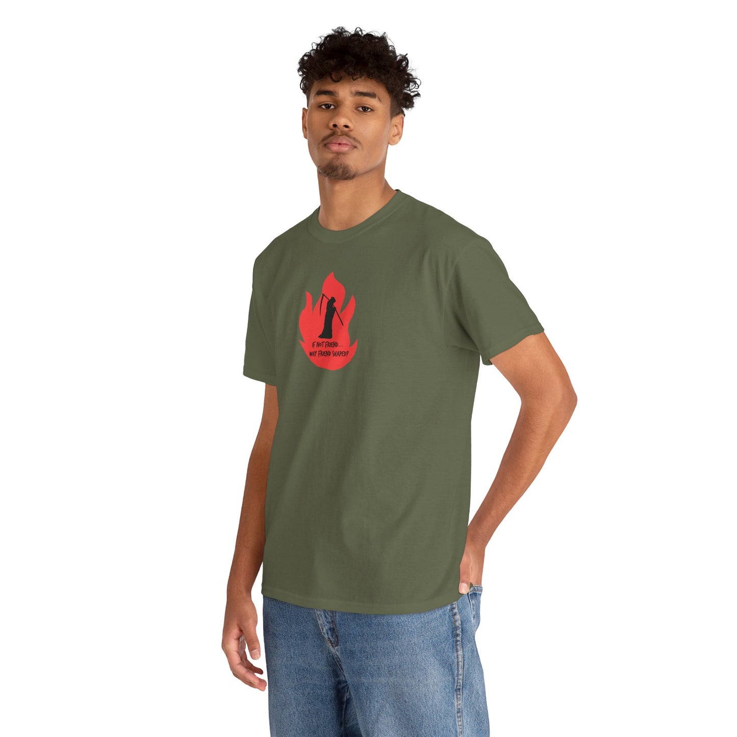 Grim Reaper humour Flame tee | Small Chest Graphic, Red Flame If not friend, why friend shaped? Design