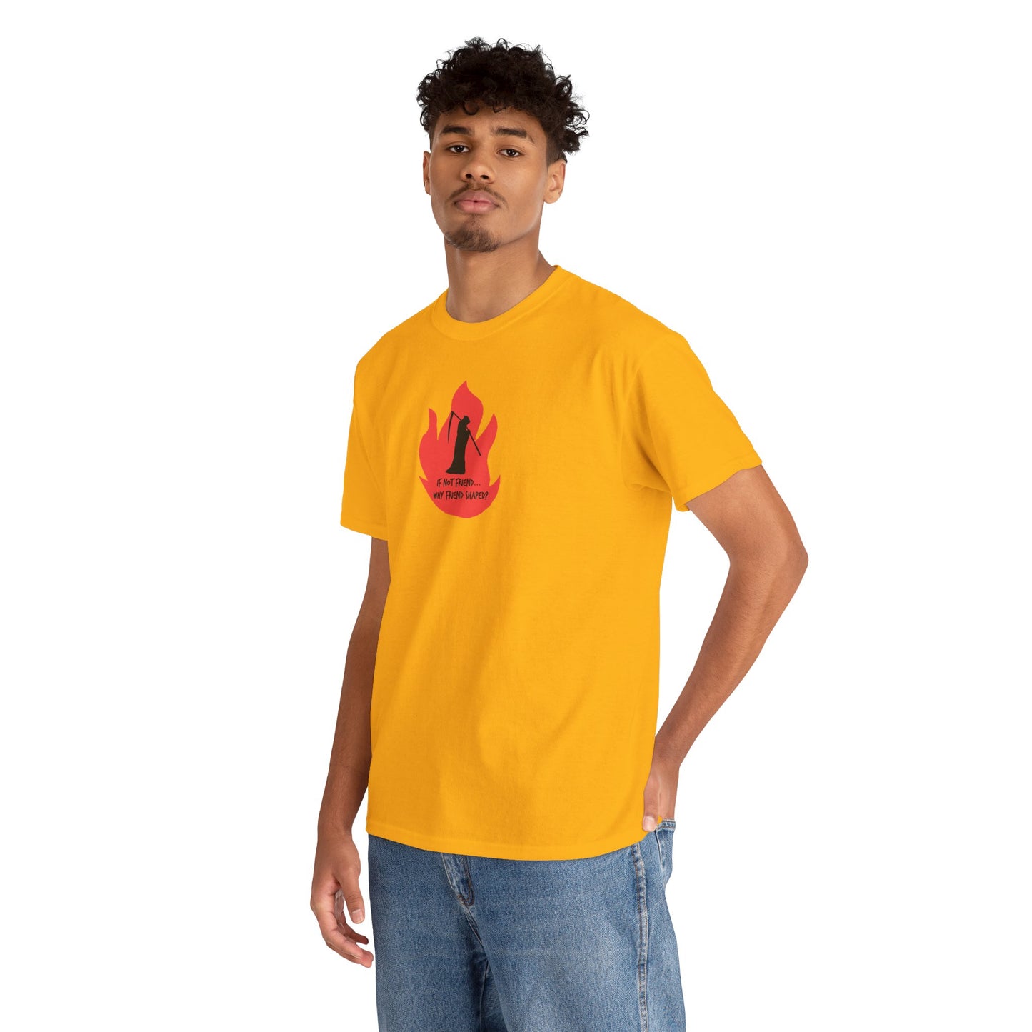 Grim Reaper humour Flame tee | Small Chest Graphic, Red Flame If not friend, why friend shaped? Design