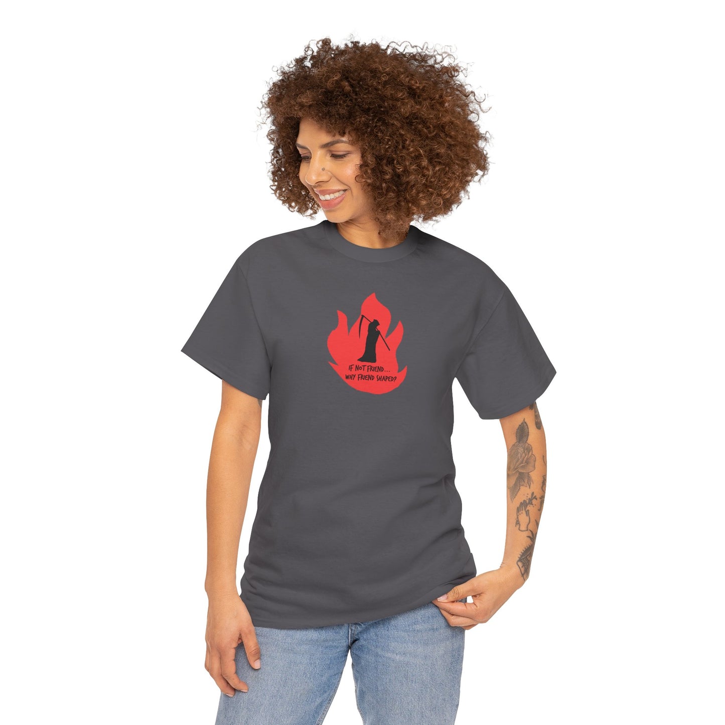 Grim Reaper humour Flame tee | Small Chest Graphic, Red Flame If not friend, why friend shaped? Design