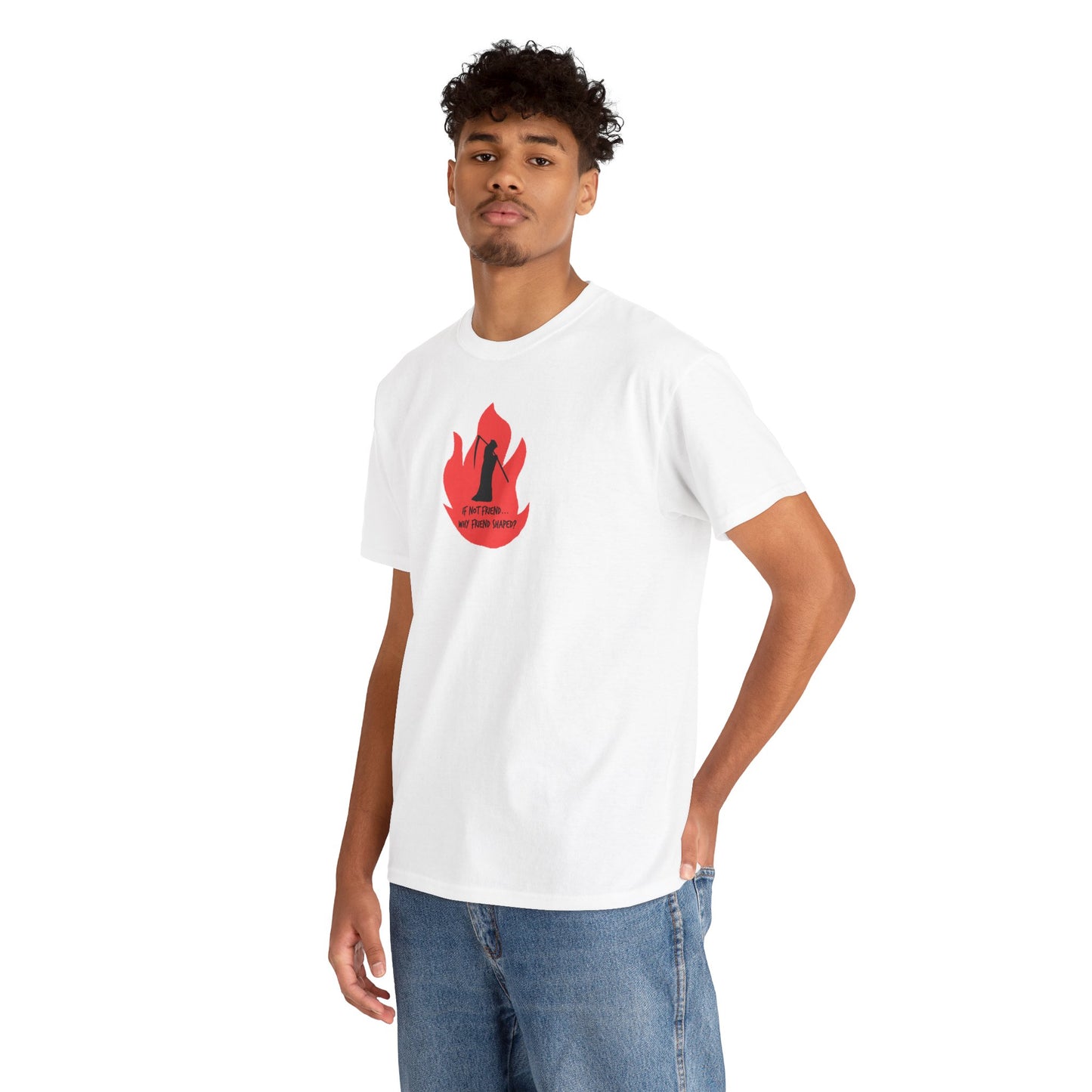 Grim Reaper humour Flame tee | Small Chest Graphic, Red Flame If not friend, why friend shaped? Design