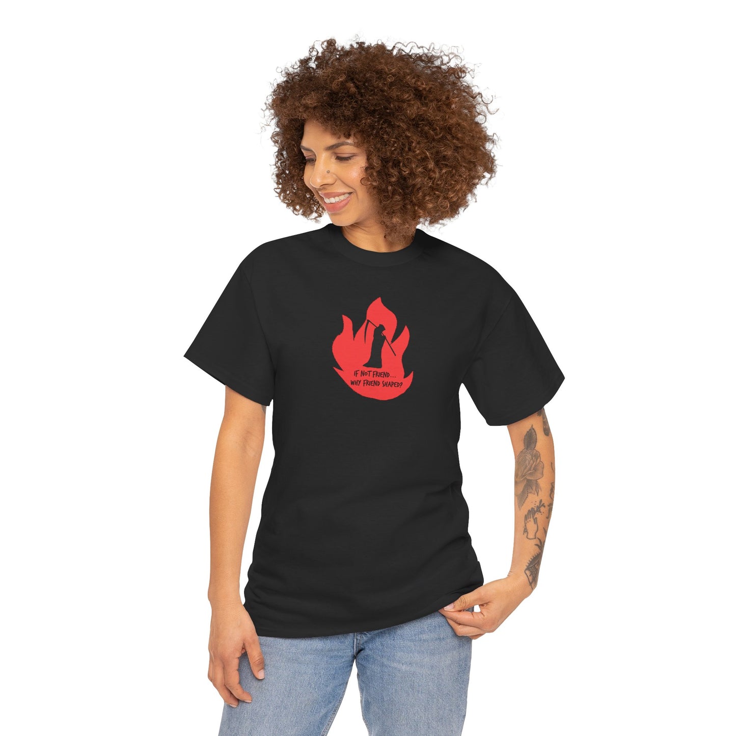 Grim Reaper humour Flame tee | Small Chest Graphic, Red Flame If not friend, why friend shaped? Design