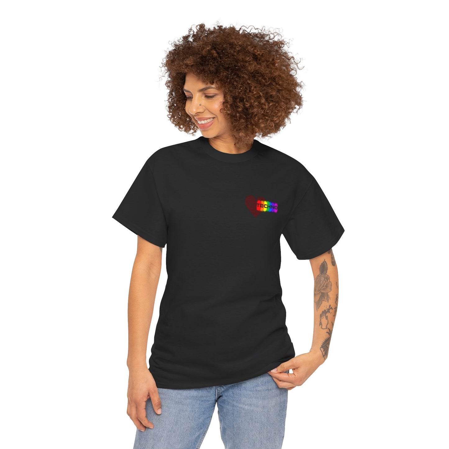 Rainbow TECHNO Heart T-Shirt — Small Chest Graphic