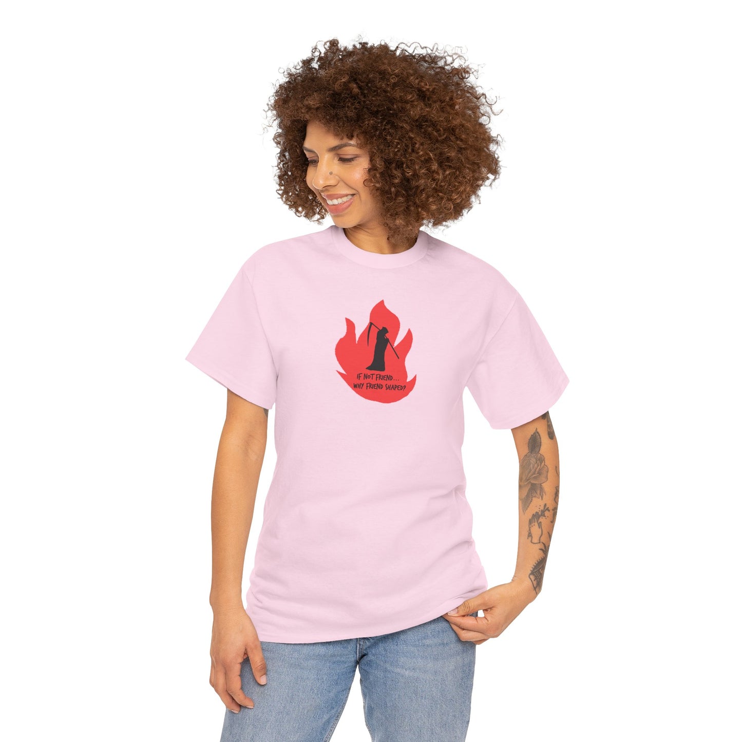Grim Reaper humour Flame tee | Small Chest Graphic, Red Flame If not friend, why friend shaped? Design