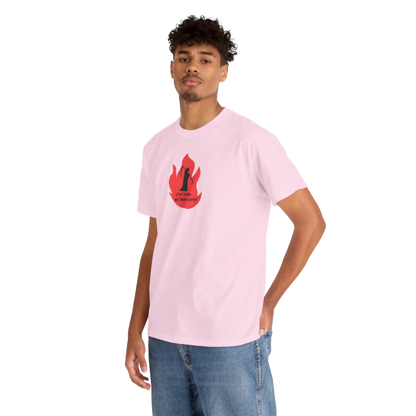 Grim Reaper humour Flame tee | Small Chest Graphic, Red Flame If not friend, why friend shaped? Design