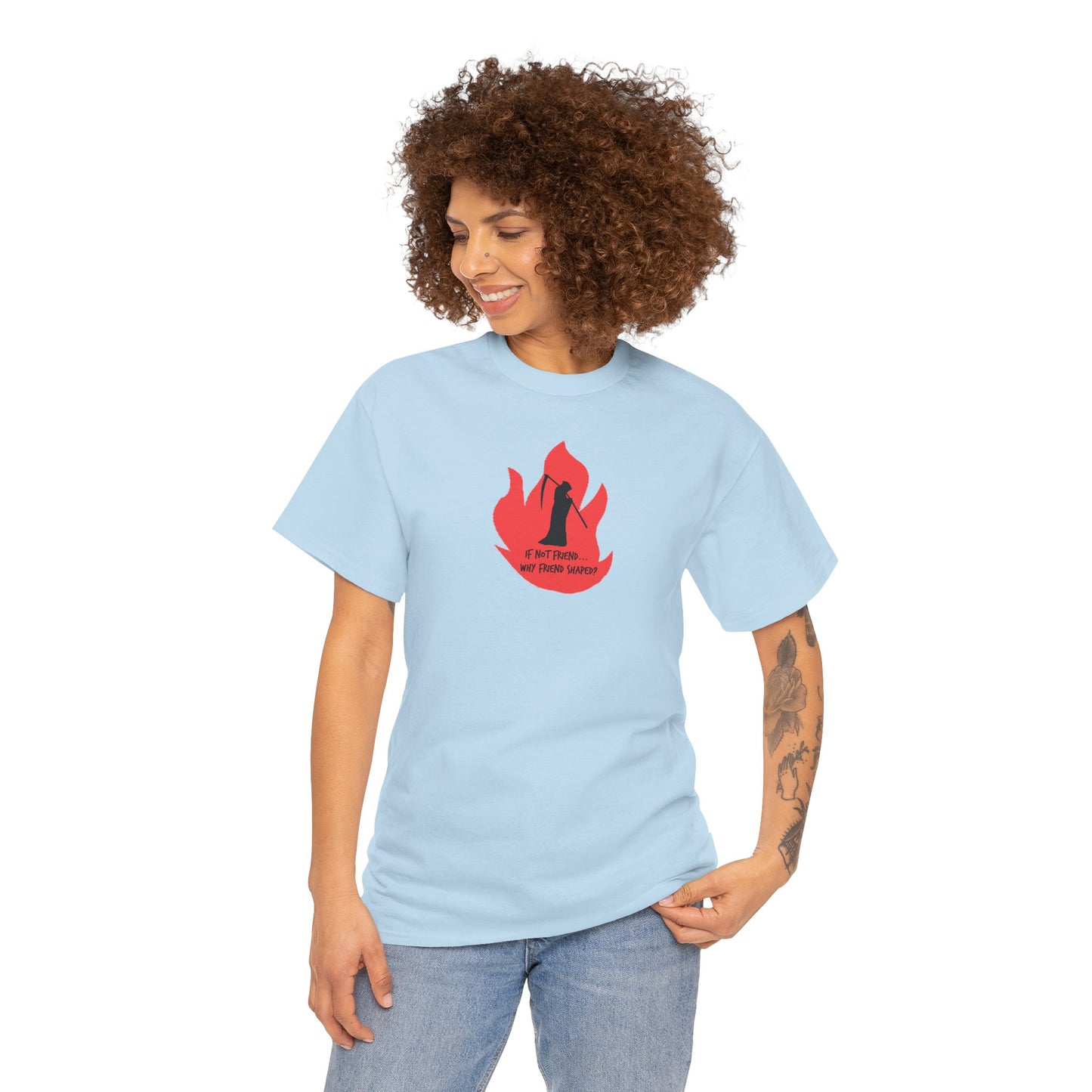 Grim Reaper humour Flame tee | Small Chest Graphic, Red Flame If not friend, why friend shaped? Design