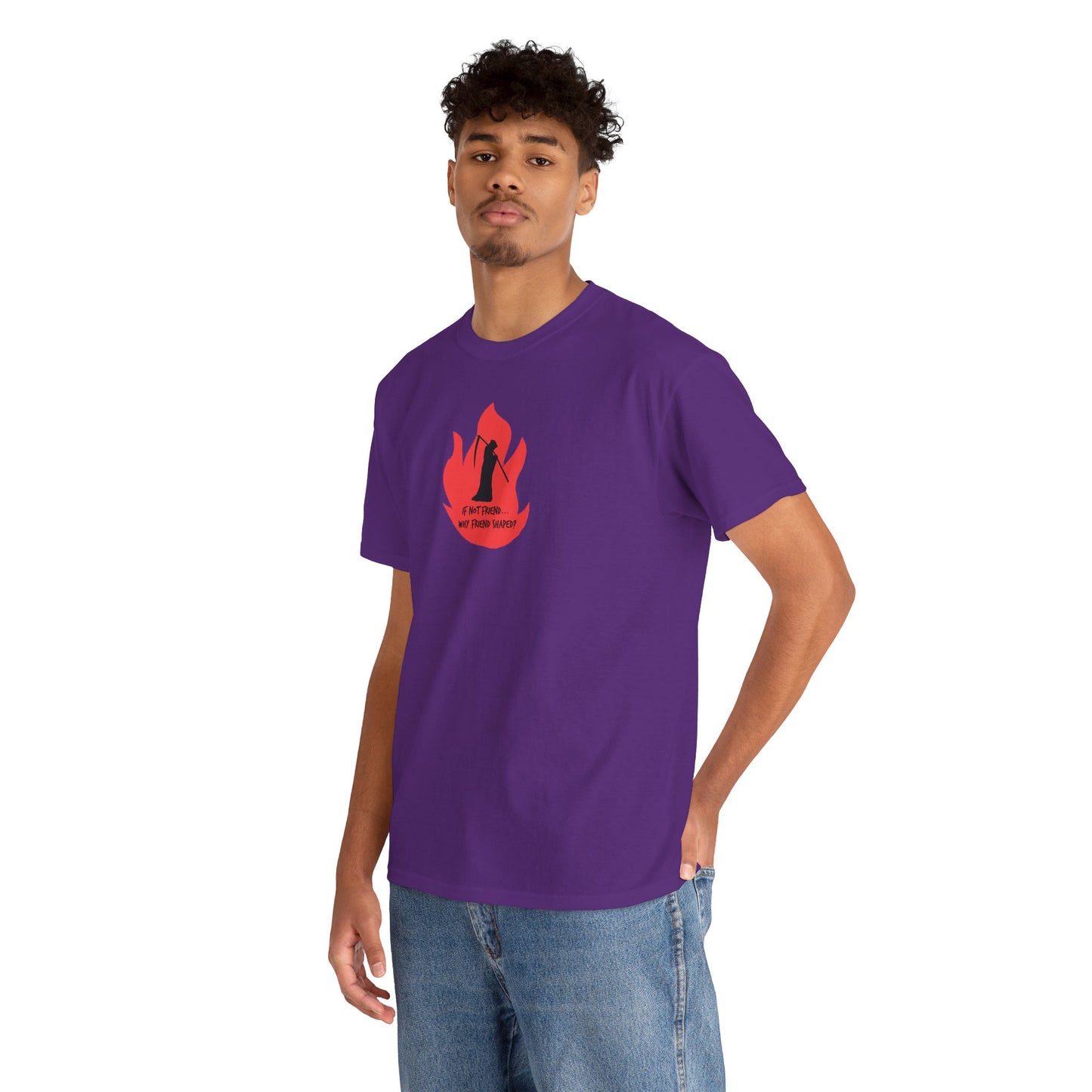 Grim Reaper humour Flame tee | Small Chest Graphic, Red Flame If not friend, why friend shaped? Design